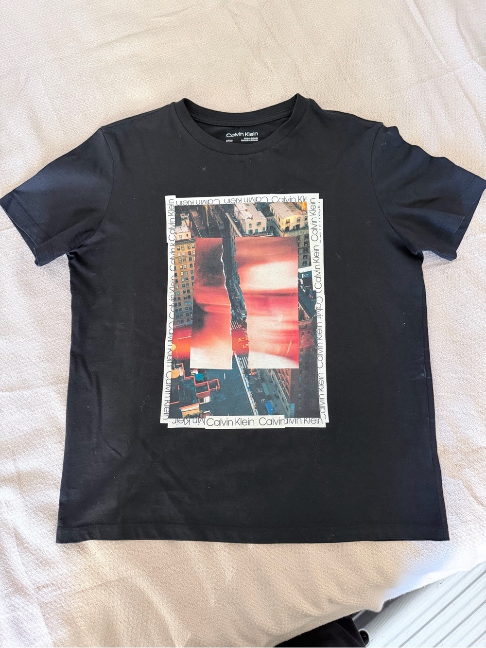 Calvin Klein Black Graphic Short Sleeve Tee with Red Accent